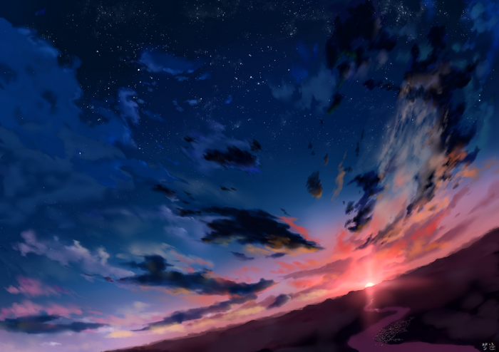 Digital art of a sunset sky with stars and clouds over a river