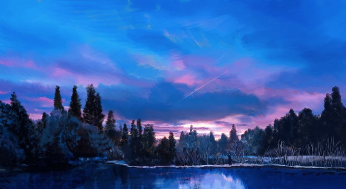 Digital art of a lake and trees at sunset