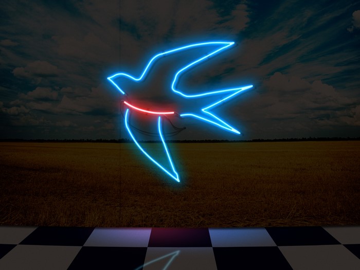 Neon swallow artwork with field and sky