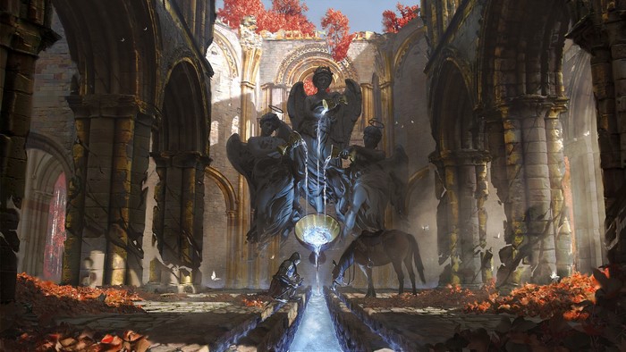Ruined medieval church with angel fountain and knight