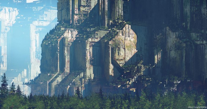 Overgrown giant ruins in a misty forest environment