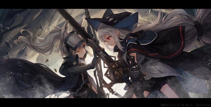 Skadi and Grani from Arknights clashing swords