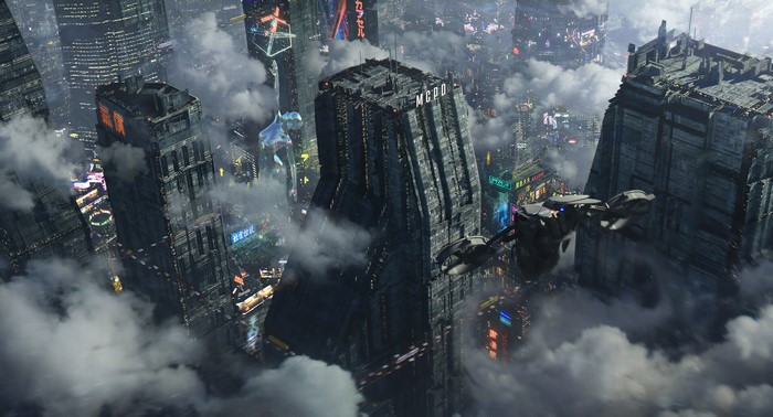 4K Futuristic City with Aircraft and Clouds