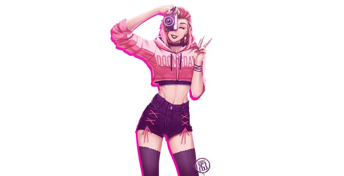 Woman with pink hair holding a camera