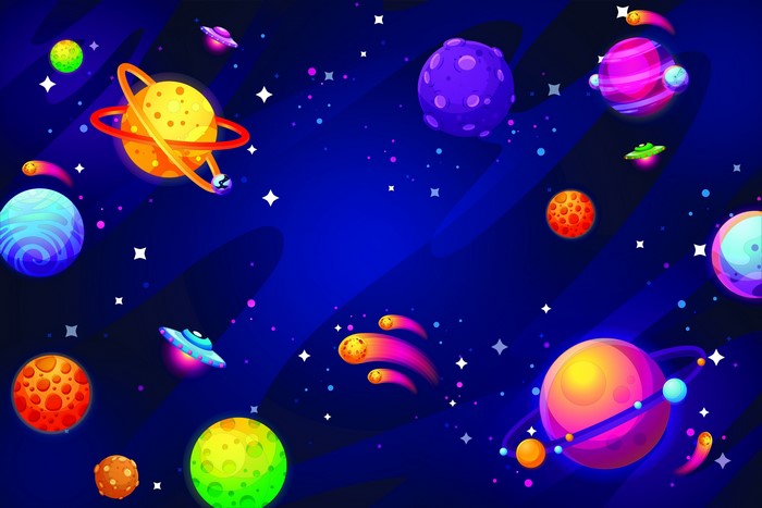 Colorful planets and UFOs in space