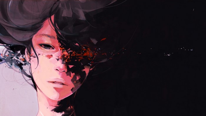 Painting of a woman's face fragmenting into darkness
