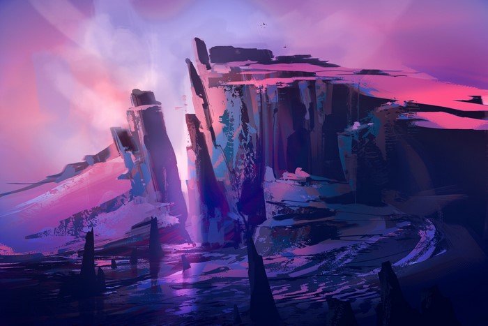 Digital art of rocky landscape with pink and purple sky