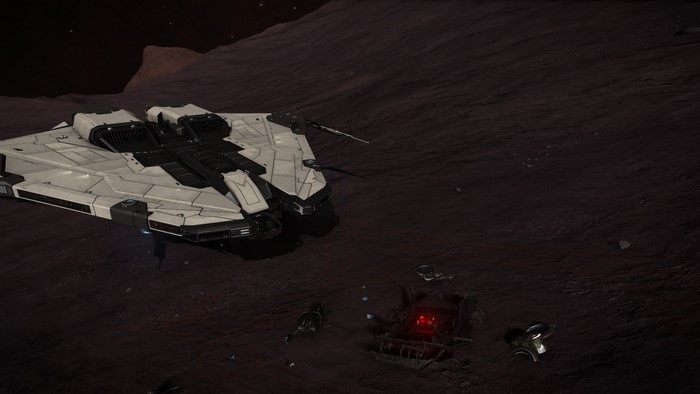 Elite: Dangerous spaceship on a rocky planet surface