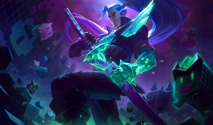 Yasuo from League of Legends in an arcade style