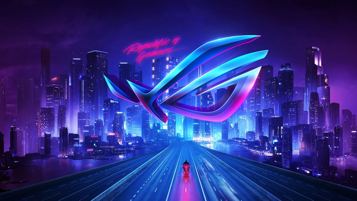 4K Republic of Gamers logo over a futuristic cityscape