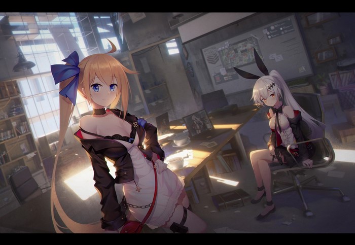 Five Seven and FAL from Girls Frontline in an office