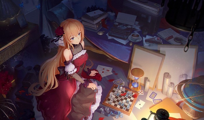 Anime girl with blonde hair playing chess