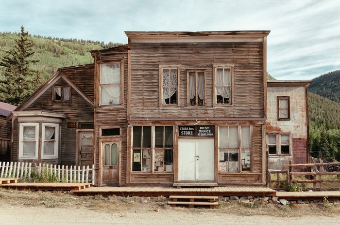 Abandoned wooden buildings in a western town