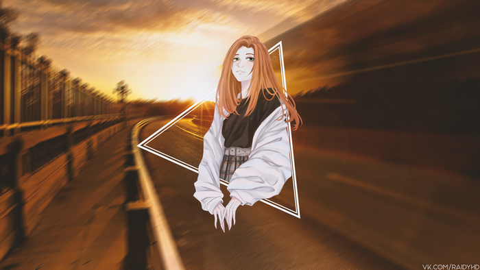 Anime girl with orange hair on a road at sunset