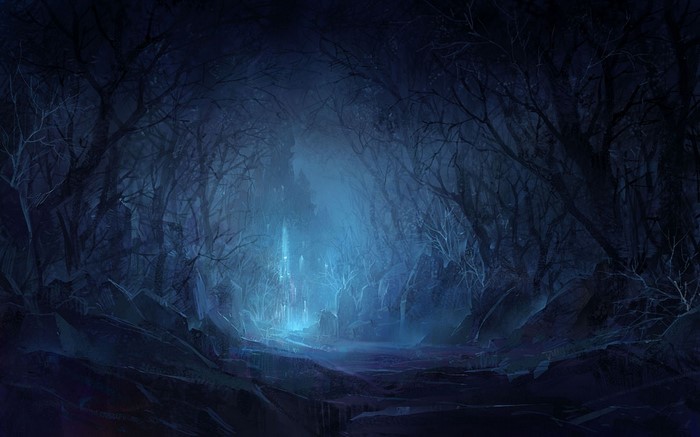 Mystical crystal castle in a dark, enchanted forest