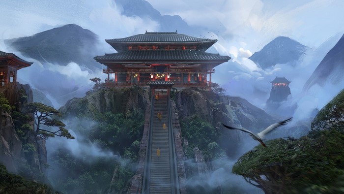 Fantasy temple on a mountain with monks and a bird