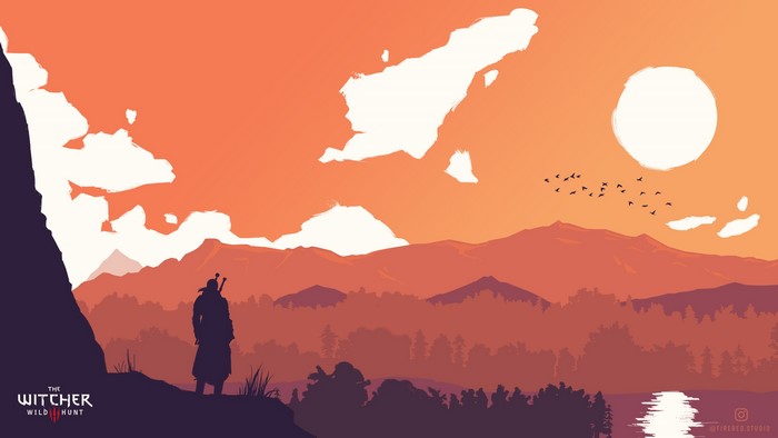 Geralt of Rivia from The Witcher 3: Wild Hunt minimalist landscape