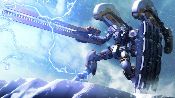 Gundam Exia with lightning in a snowy landscape