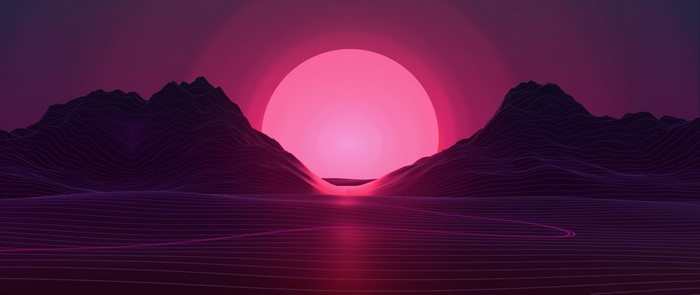 Retro wave landscape with mountains and sun