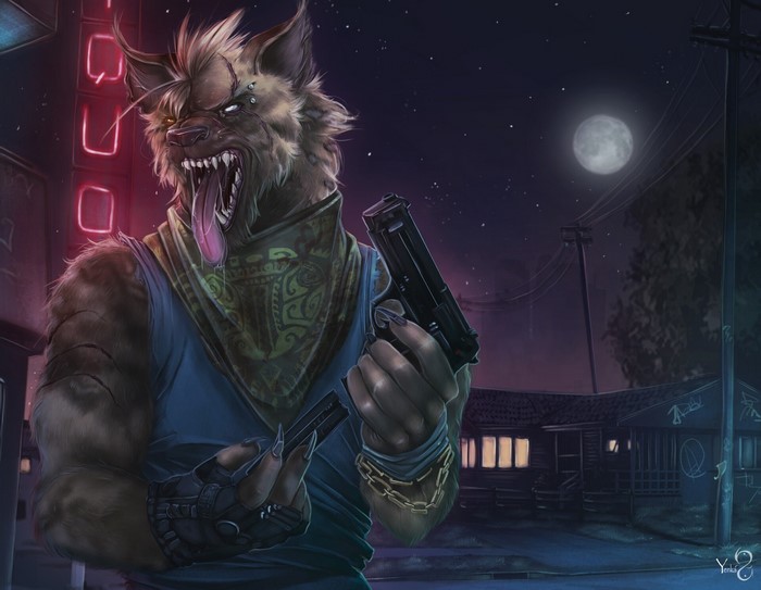 Anthro hyena with guns at night
