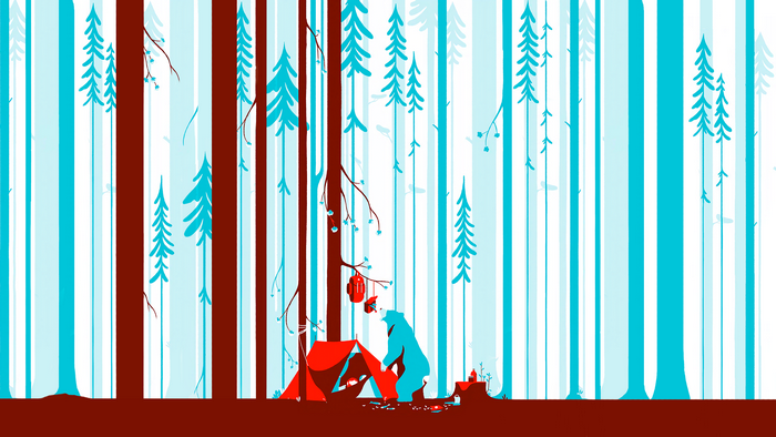 Bear at a campsite in a stylized forest