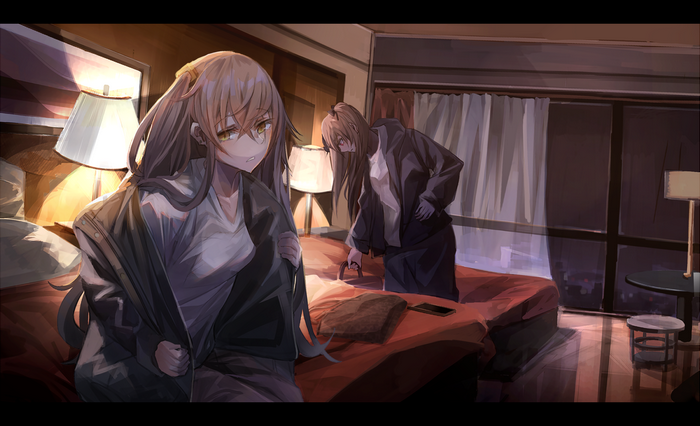 Two anime girls in a hotel room