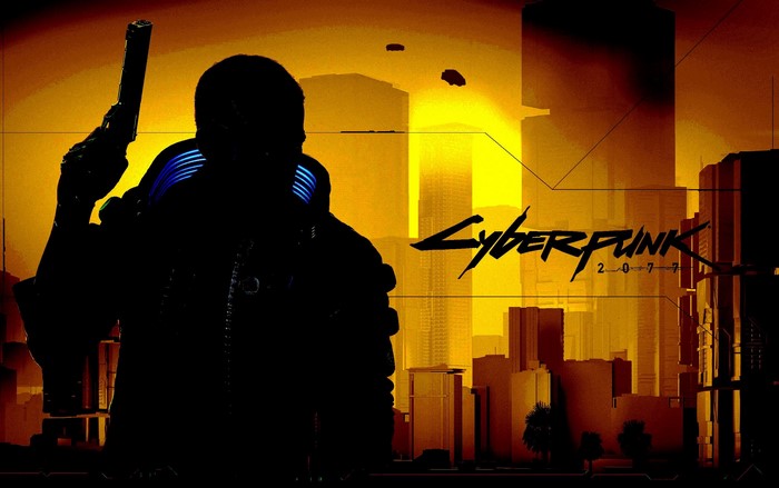 Silhouette of a character holding a gun in Cyberpunk 2077