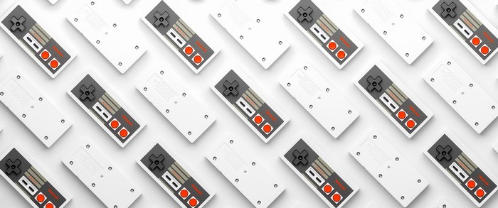 Nintendo NES controllers arranged in a pattern
