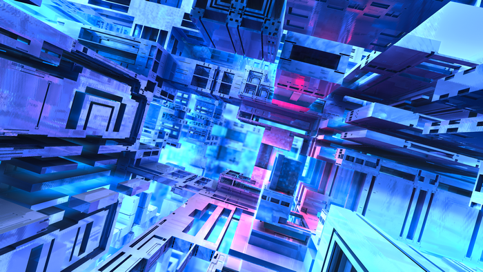Abstract geometric structure with blue and pink lighting