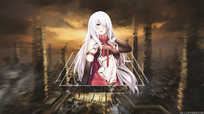 Anime girl with white hair in a ruined city