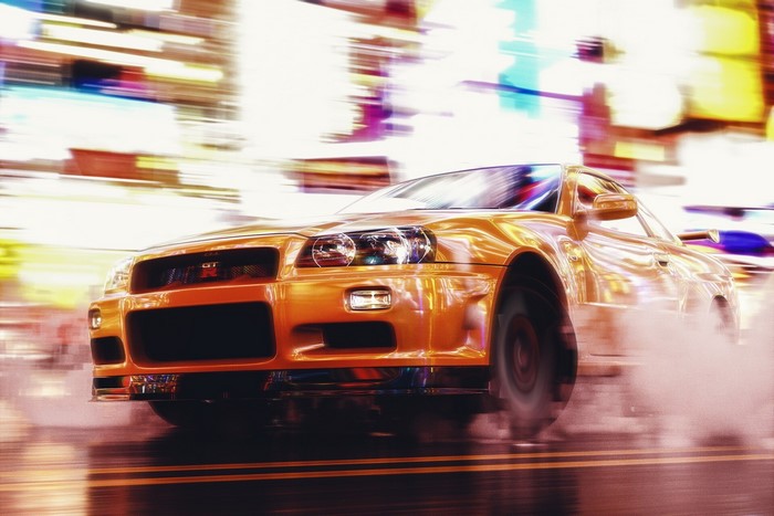 Orange Nissan Skyline GT-R R34 drifting