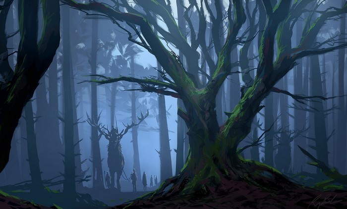 Fantasy forest with a stag-like creature and figures