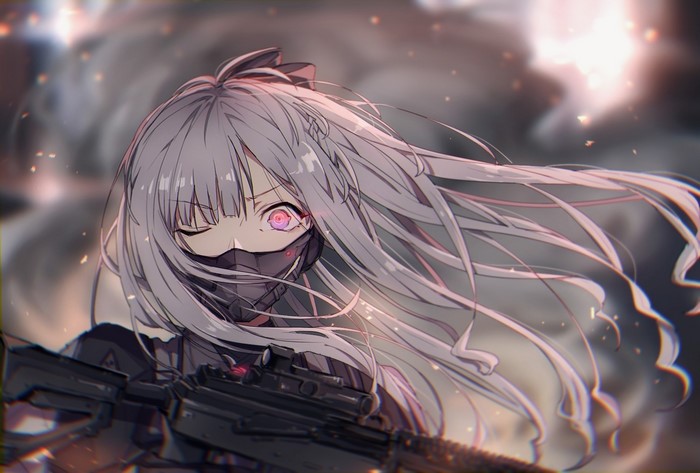 #966100 long hair, Girls Frontline, video games, gun, mask, AK-12, red ...