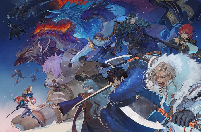 Fantasy warriors and dragons in a snowy battle scene
