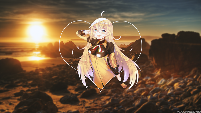 Anime girl with blonde hair at sunset