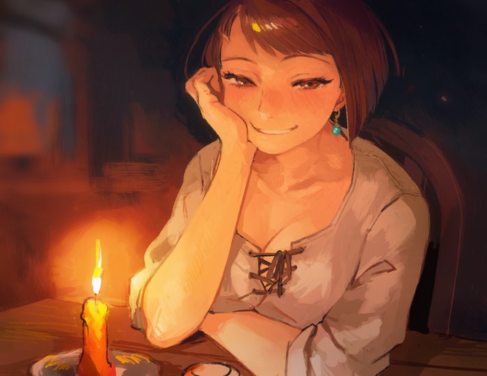 Anime girl with brown hair sitting by candlelight