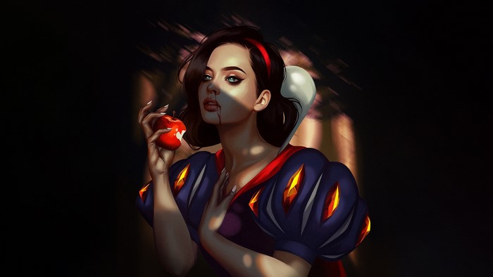 Snow White holding a poisoned apple with blood