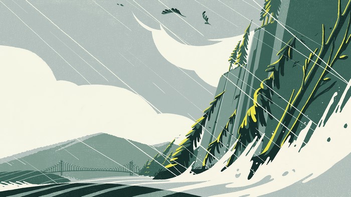 Artwork of a stormy coastline with pine trees and a bridge