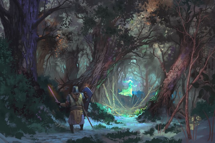 Knight confronts a glowing fairy in a dark forest