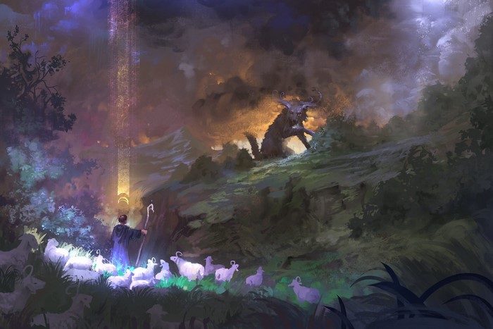 Shepherd with sheep and demon in a mystical landscape