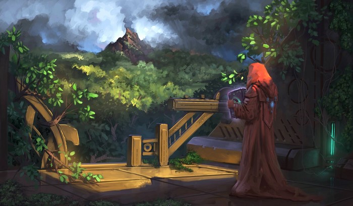 Sorcerer with a book in a forest clearing
