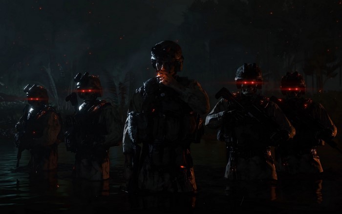 Soldiers with red eyes in dark water
