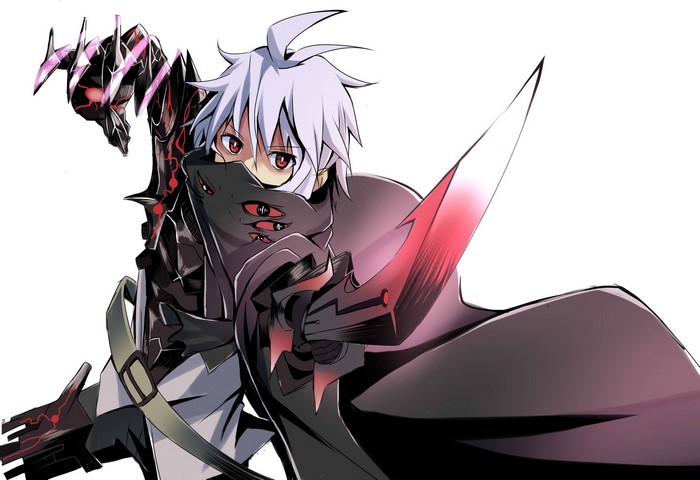 Anime boy with white hair and red eyes holding a knife