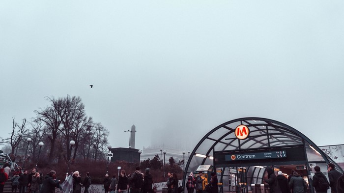 People at Centrum metro station in Warsaw, Poland