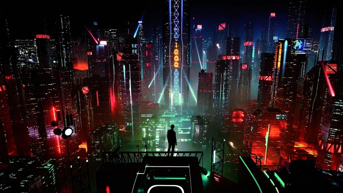Cyberpunk Cityscape at Night with a Lone Figure