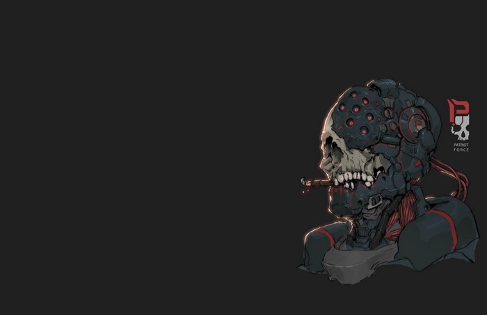 Cyborg Skull Smoking Cigarette with Patriot Force Logo