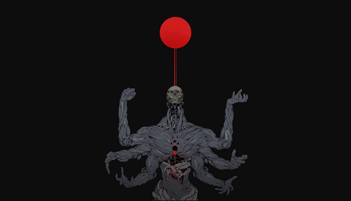 Fantasy art of a muscular figure with a skull head and red sun