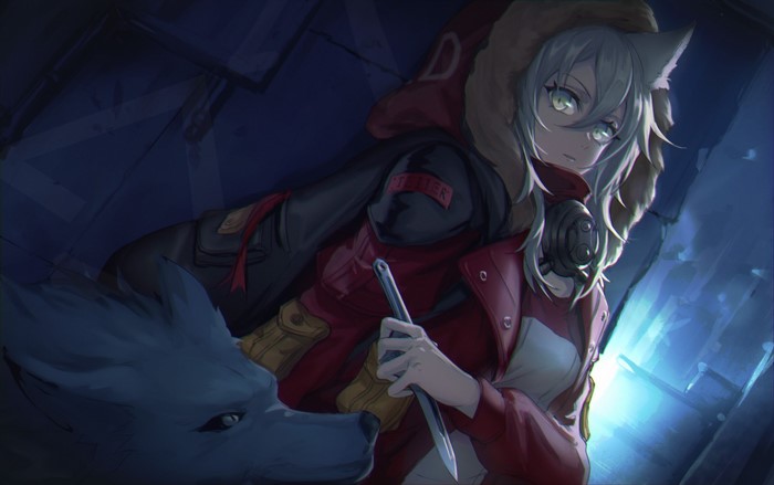 Projekt Red from Arknights with a wolf
