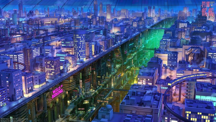 Futuristic city at night with glowing lights and reflections