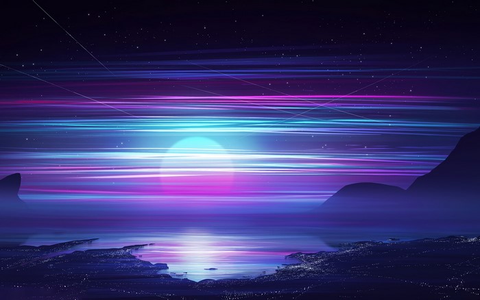 Artwork of a futuristic night sky over a body of water